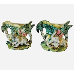 VTG YS JB Betson Majolica Wall Pocket Set Planter Vase Elephant Palm Tree Signed